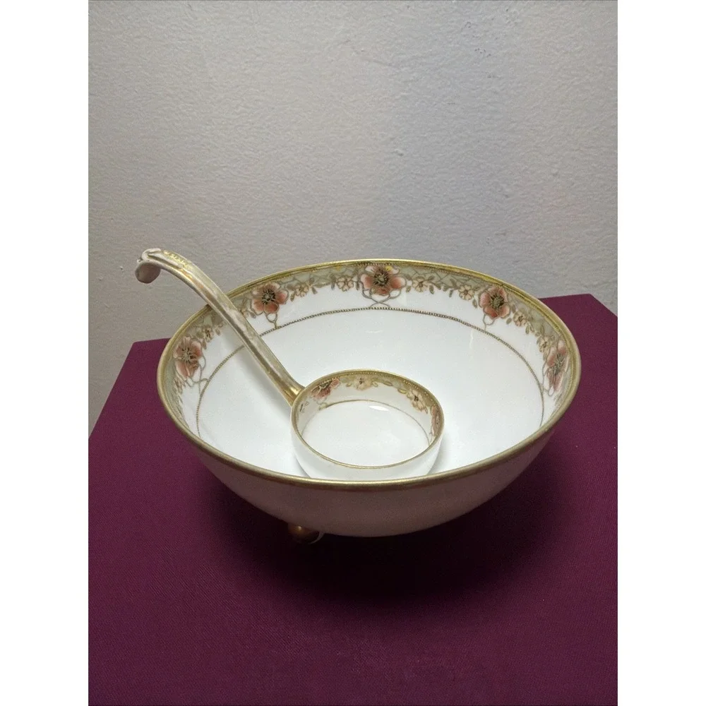 Antique Nippon Porcelain Hand Painted Footed Condiment Bowl with Matching Ladle